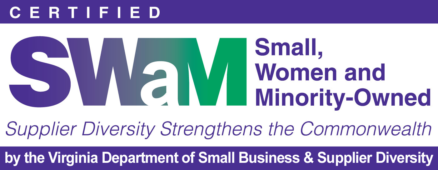 Small, Women, and Minority-owned business logo in Virginia in green, white, and purple